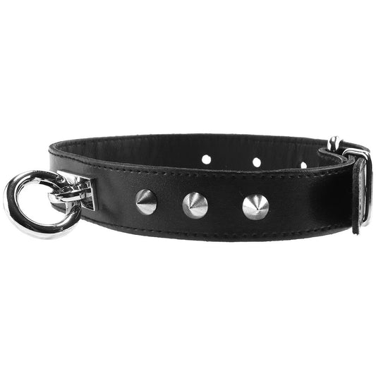 Studded Leather O-Ring Collar in Black