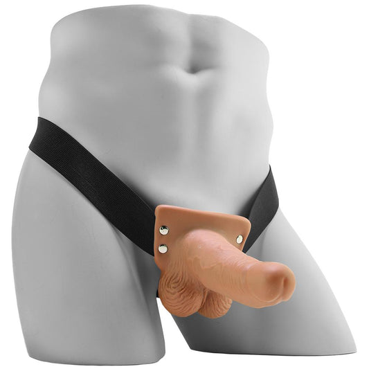 6 Inch Hollow Vibrating Strap-On with Balls in Tan